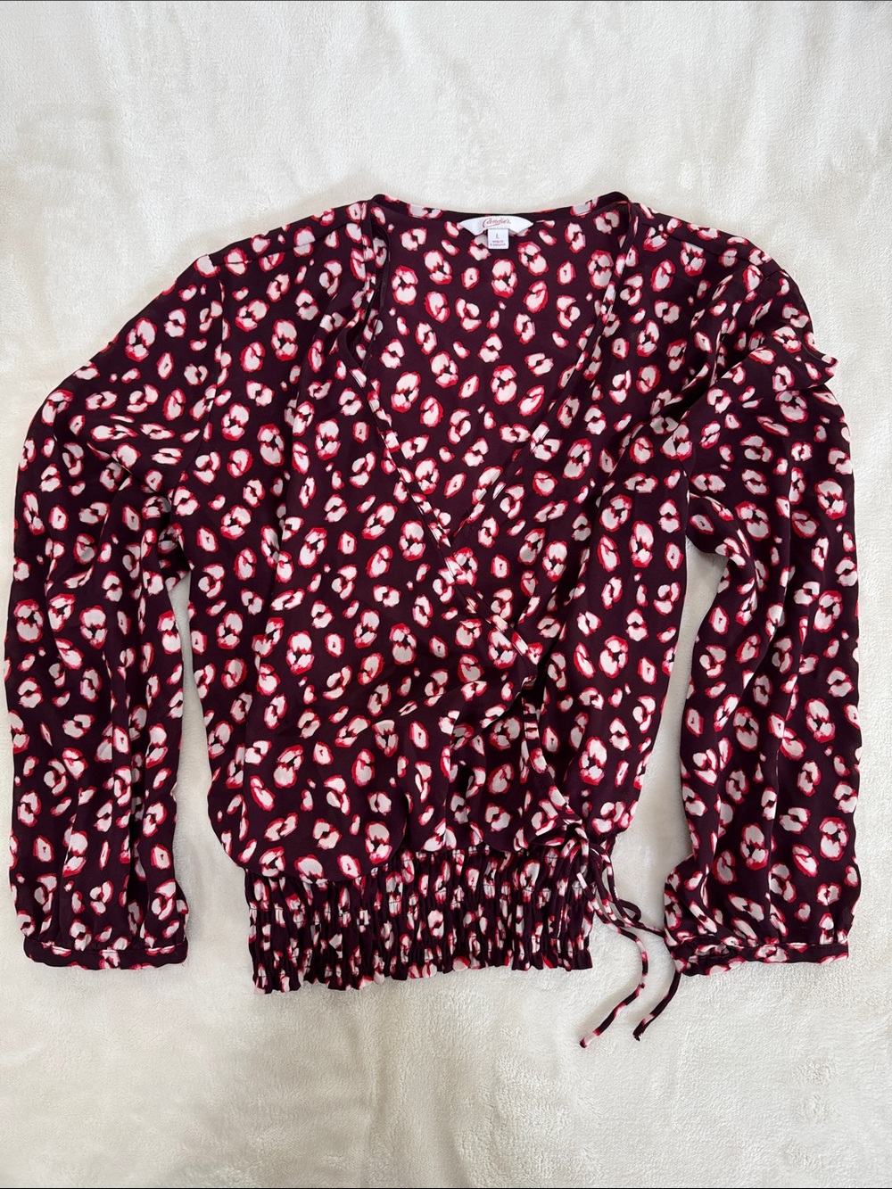 Candies blouse size L Wrap Front Long-Sleeve Top in Burgundy Leopard Print